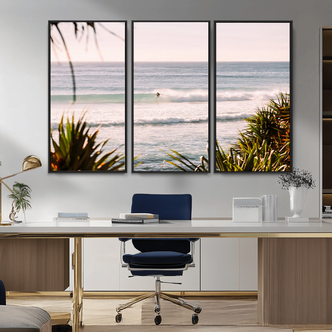 MGV-FC-48X32-3P - Ocean Surfer Wall Art Canvas Print, Framed Coastal Surf Art Picture Print, Tropical Beach Perfect Tropical Coastal Decor Artwork
