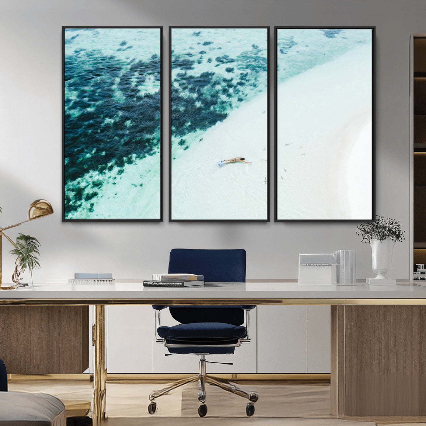 MGV-FC-48X32-3P - Minimal Beach Wall Art Canvas Print, Framed Ocean Swimming Art Picture Print, Clear Ocean Perfect Minimal Coastal Decor Artwork