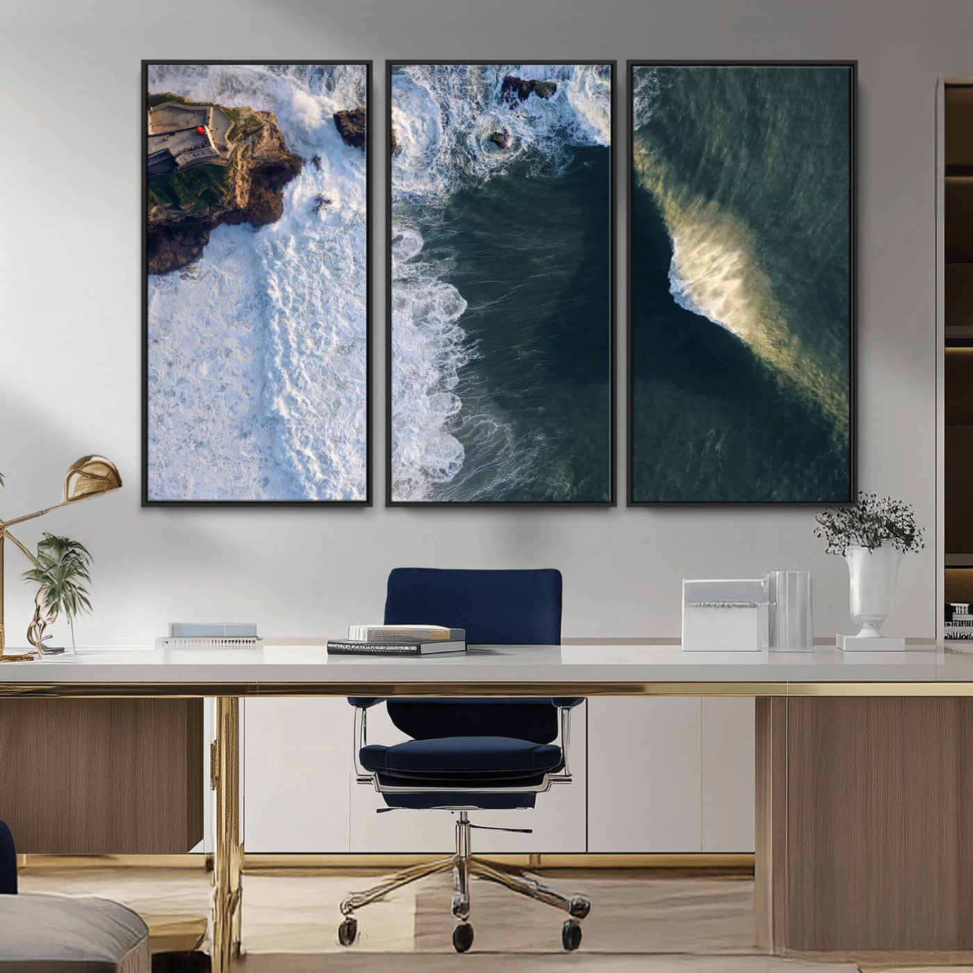 MGV-FC-48X32-3P - Nazaré Coast Wall Art Canvas Print, Framed Aerial Ocean Art Picture Print, Coastal Fortress Perfect Dramatic Coastal Decor Artwork