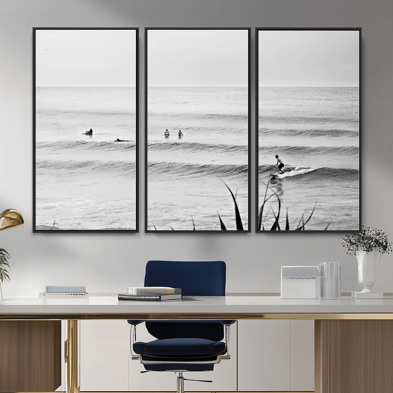 33821421-MGV-CV-36X24 - Surfer Silhouette Wall Art Canvas Print, Framed Calm Ocean Art Picture Print, Monochrome Surf Minimalist Coastal Decor Artwor