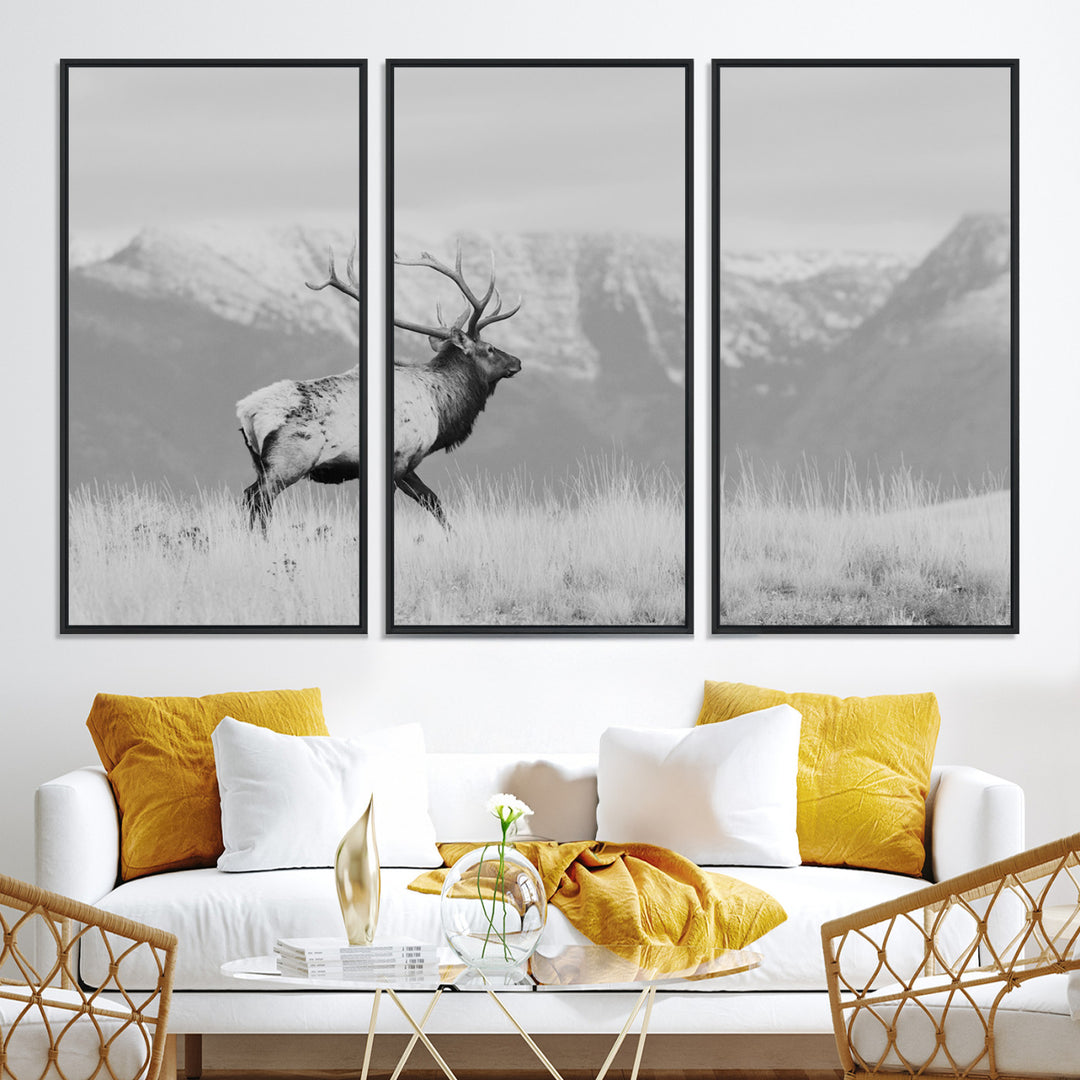 Rustic Elk Wall Art Canvas Print, Wildlife Antler Print, Framed Western Hunting Lodge Art Print, Large Mountain Nature Scene Printing Perfect for Japanese Decor