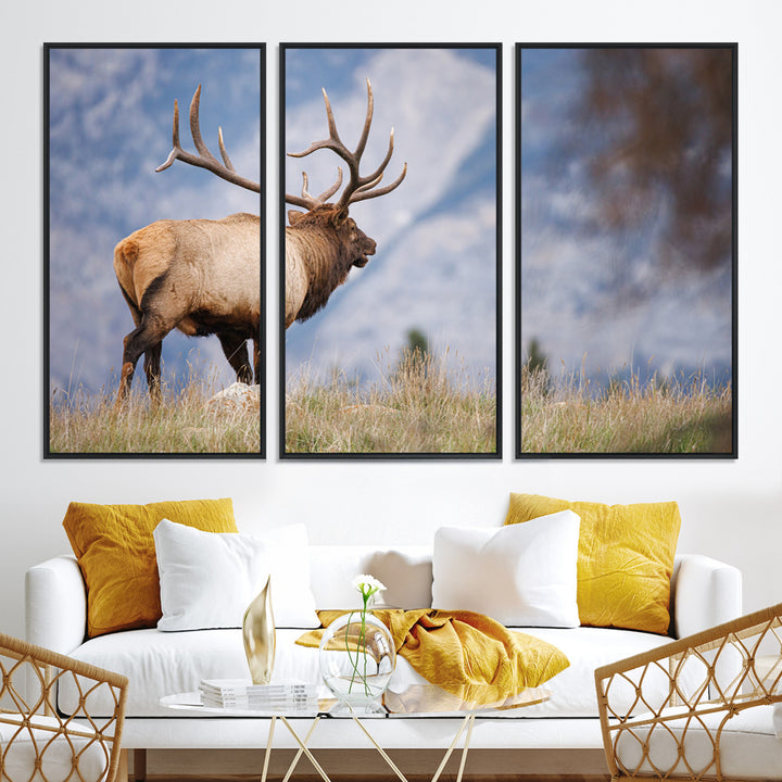 Rustic Elk Wall Art Canvas Print, Wildlife Antler Print, Framed Western Hunting Lodge Art Print