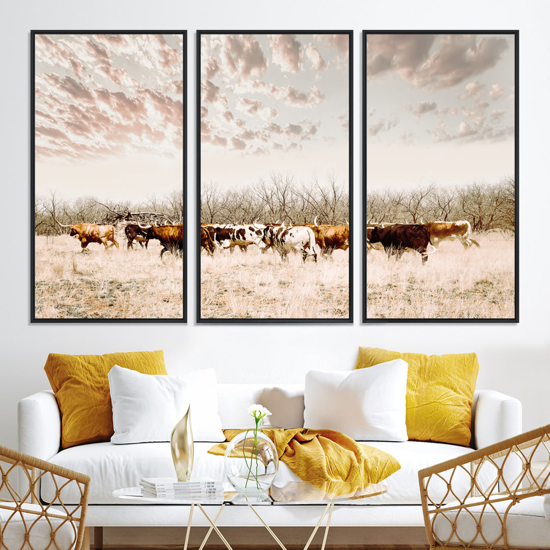 Longhorn Cattle Wall Art Canvas Print, Texas Ranch Print, Framed Western Cow Art Print, Large Prairie Landscape Printing Perfect for Western Decor