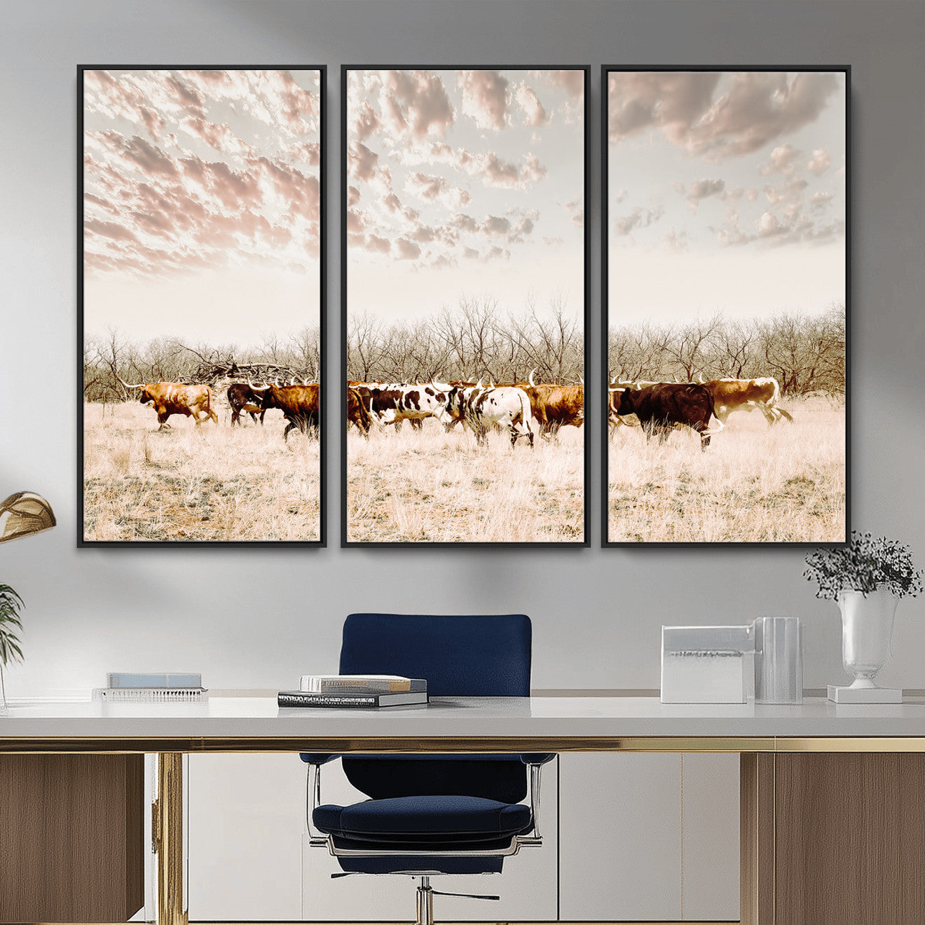 64892775-MGV-CV-36X24 - Longhorn Cattle Wall Art Canvas Print, Framed Texas Ranch Art Picture Print, Western Cow Perfect Western Decor Artwork