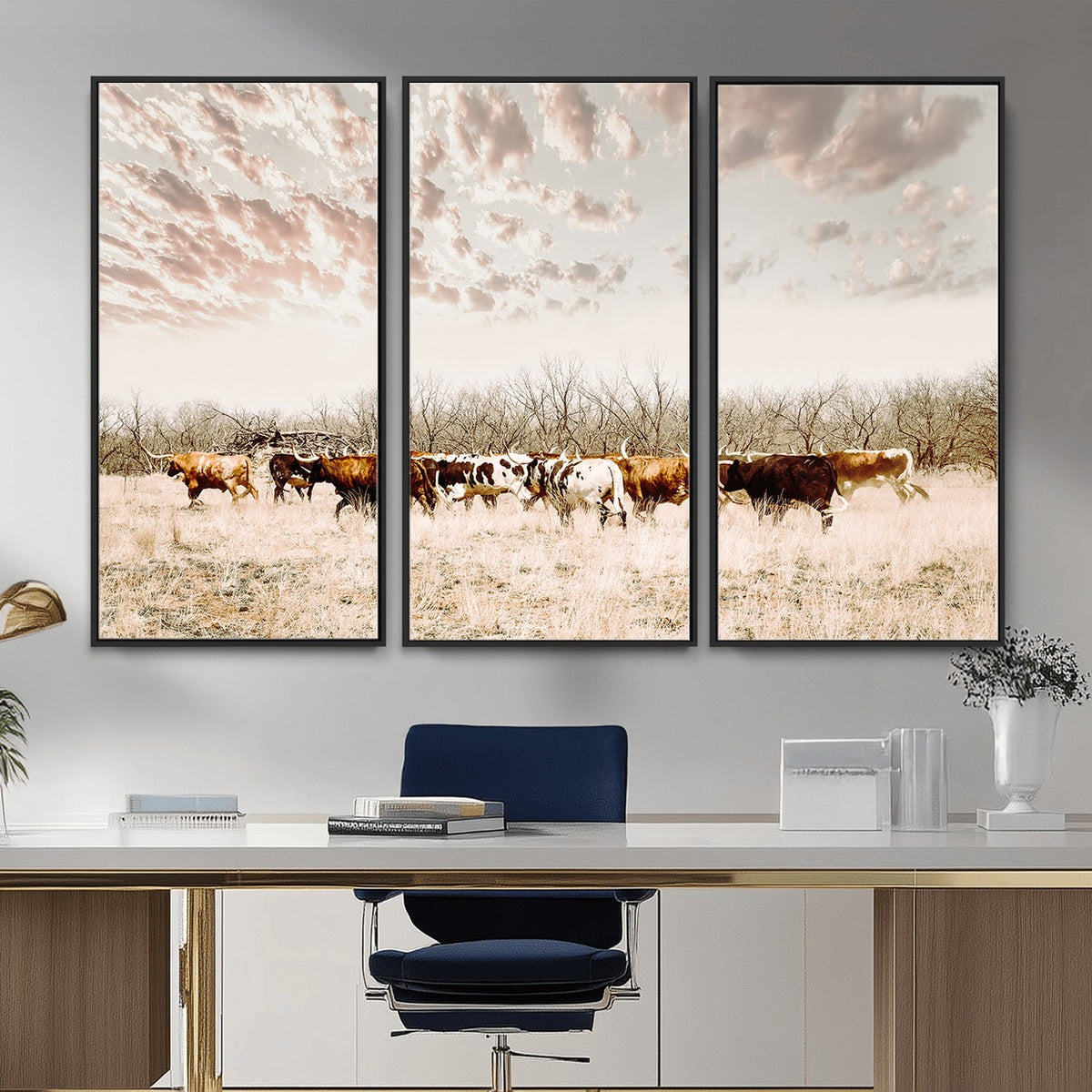 64892775-MGV-CV-24X16 - Longhorn Cattle Wall Art Canvas Print, Framed Texas Ranch Art, Western Cow Print, Prairie Landscape Decor