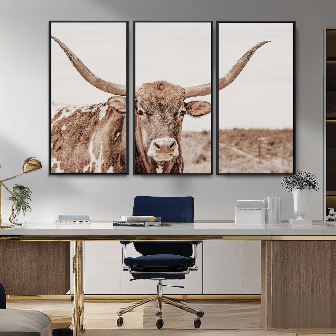 MGV-FC-48X32-3P - Longhorn Cow Wall Art Canvas Print, Framed Texas Ranch Art Picture Print, Western Bull Perfect County Decor Artwork