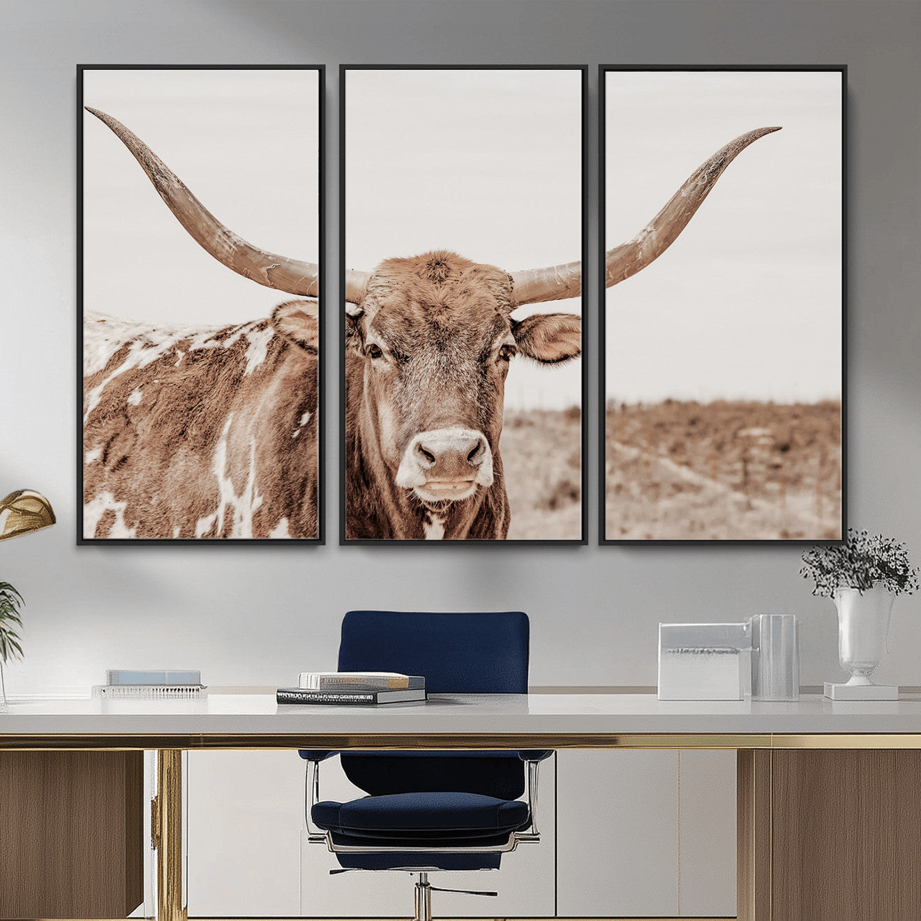39964150-MGV-CV-36X24 - Longhorn Cow Wall Art Canvas Print, Texas Ranch Print, Framed Western Bull Art Print, Large BigHorn Cowboy Printing Perfect for County Decor