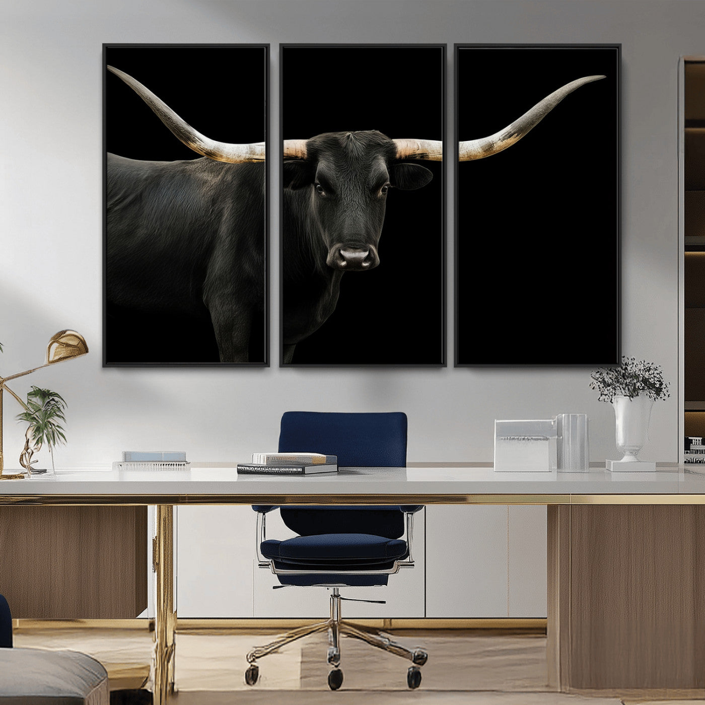 MGV-FC-48X32-3P - Longhorn Cattle Wall Art Canvas Print, Framed Texas Ranch Art Picture Print, Western Cow Perfect Farmhouse Decor Artwork