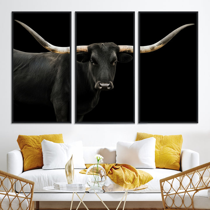 Black White Longhorn Bull Wall Art Canvas Print, Texas Ranch Print, Framed Western Cow Art Print for Farmhouse Decor - Longhorn Print