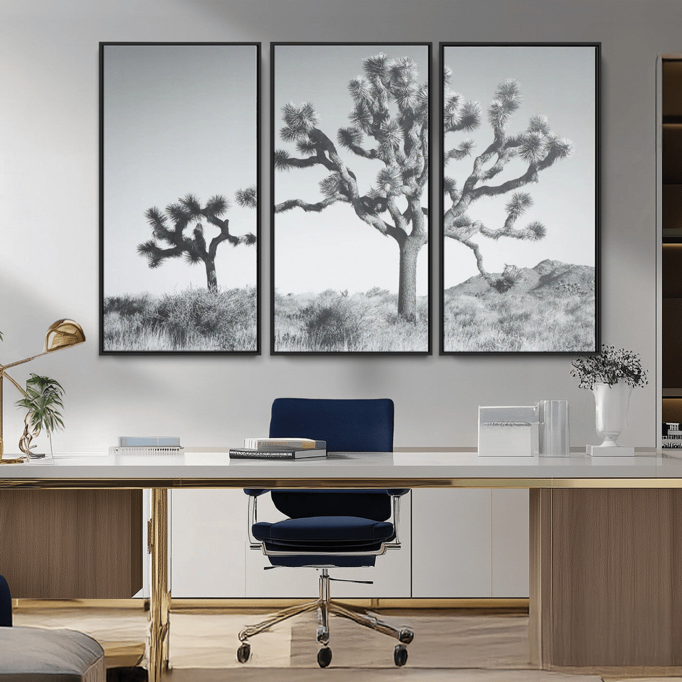 MGV-FC-48X32-3P - Joshua Tree Wall Art Canvas Print, Framed Black White Landscape Art Picture Print, Desert Tree Decor Perfect Southwestern Decor Artwork