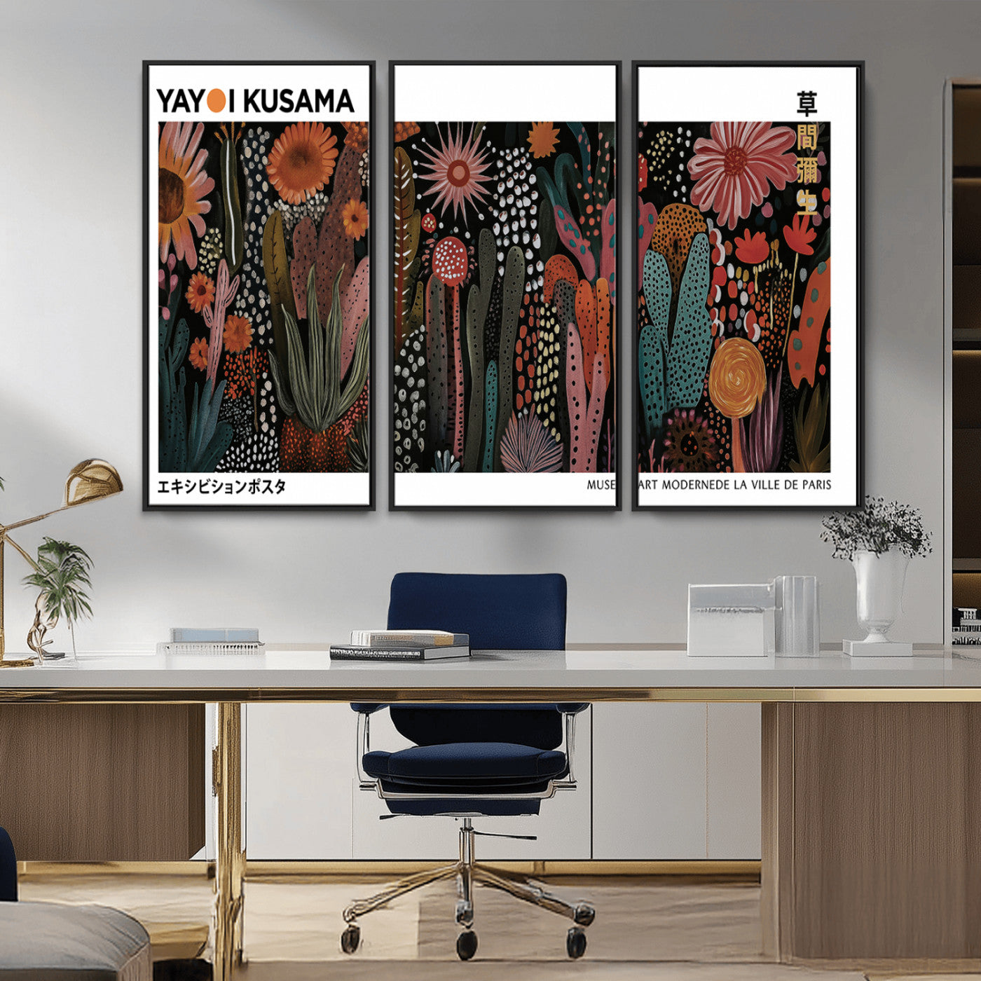 MGV-FC-48X32-3P - Modern Japanese Wall Art Print, Framed Yayoi Kusama Artwork, Abstract Mount Fuji Canvas Print,