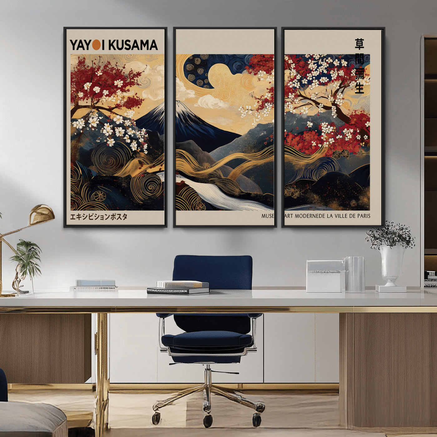 MGV-FC-48X32-3P - Modern Japanese Wall Art, Yayoi Kusama Japanese Print Wall Art, Abstract Mount Fuji Canvas Print,