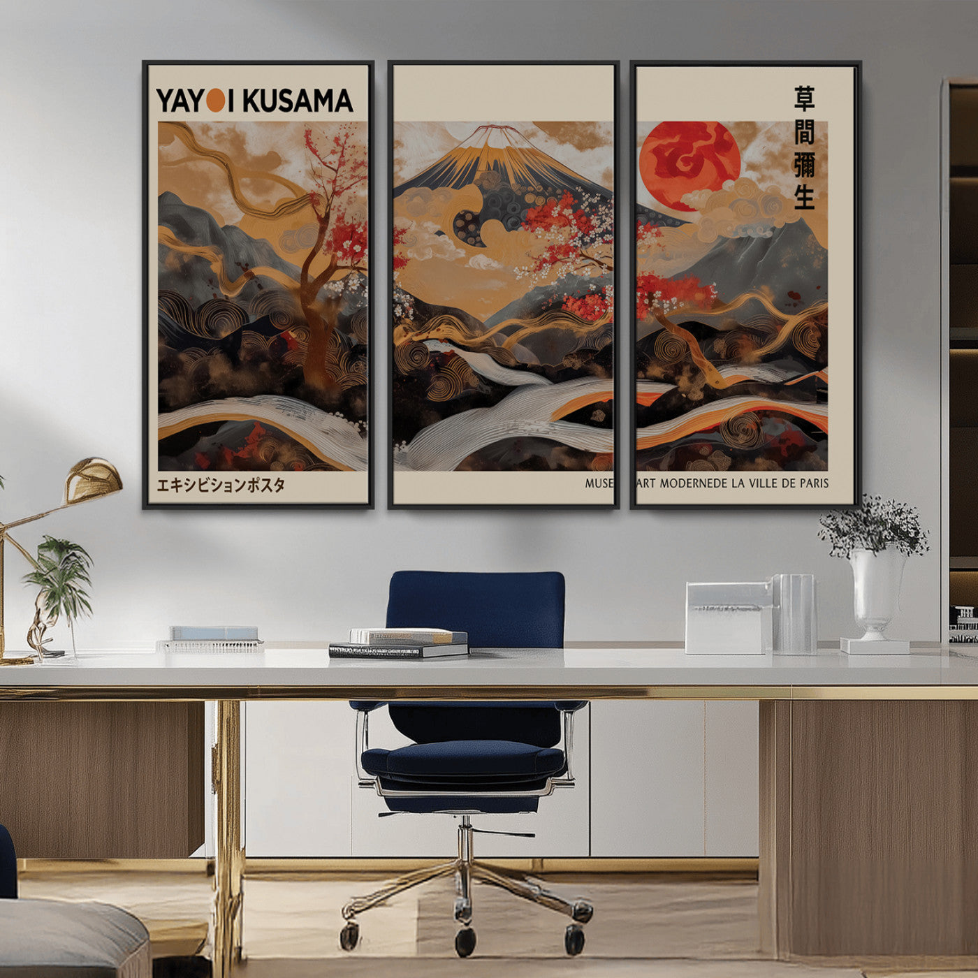 MGV-FC-48X32-3P - Modern Japanese Wall Art Print Yayoi Kusama Canvas Wall Art Abstract Mount Fuji Canvas Print