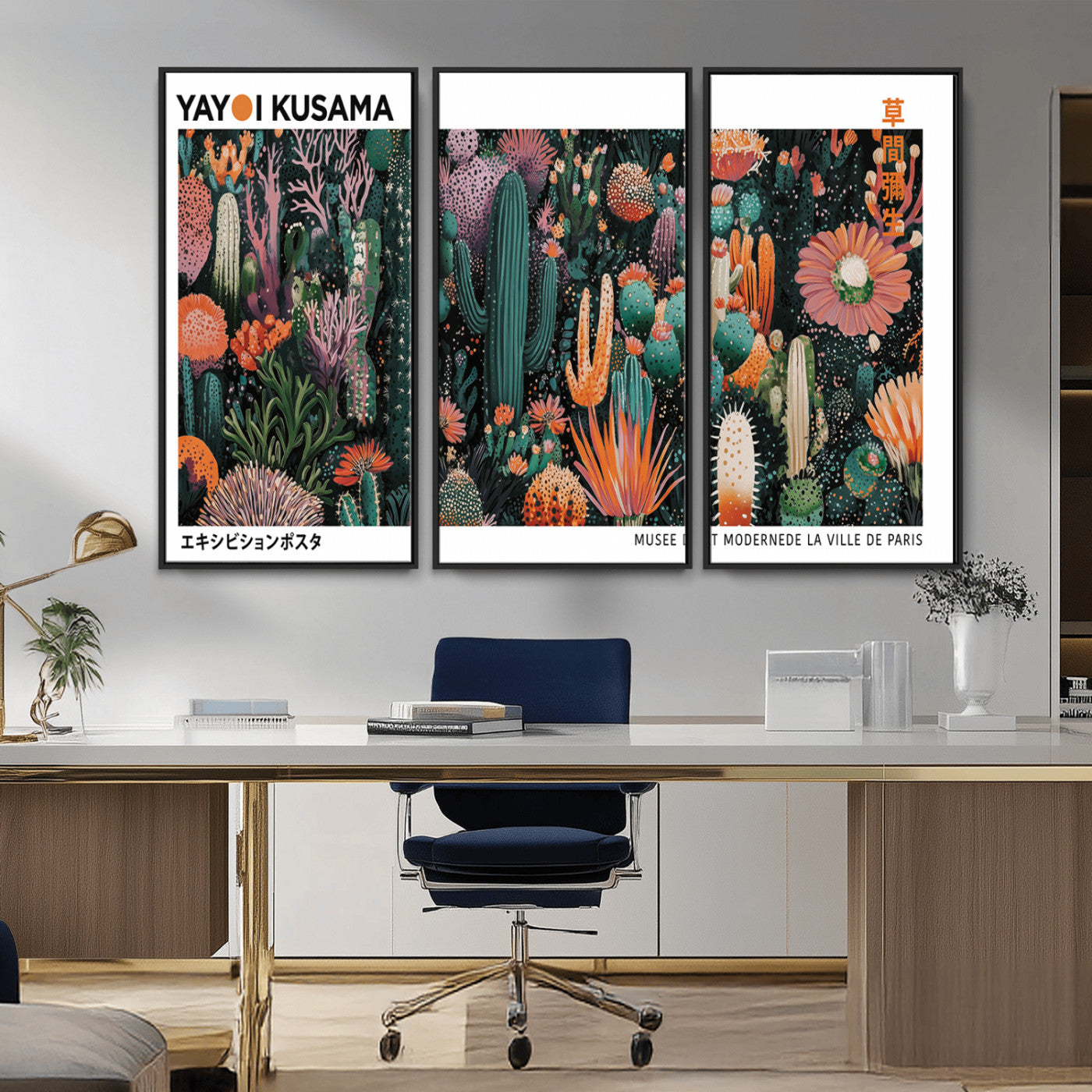 MGV-FC-48X32-3P - Modern Japanese Wall Art Print, Yayoi Kusama Print Wall Decor, Abstract Mount Fuji Canvas Print,