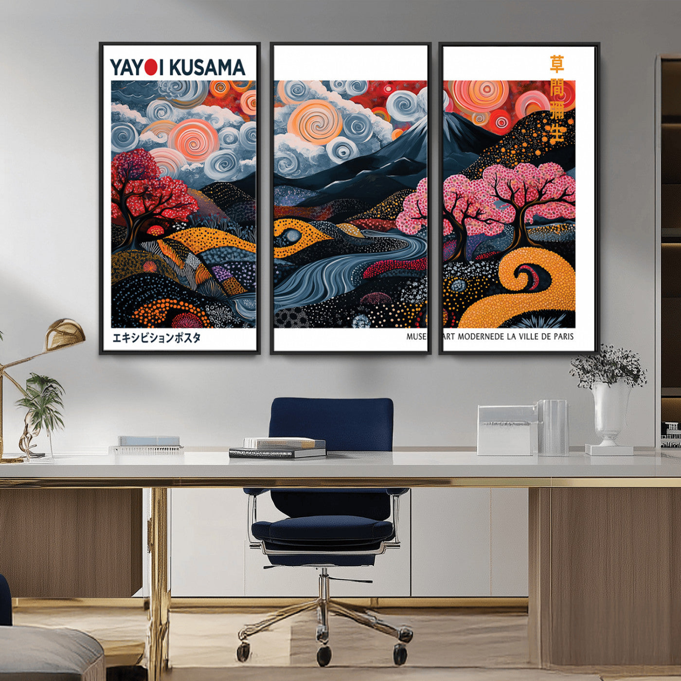 MGV-FC-48X32-3P - Modern Japanese Wall Art Print Yayoi Kusama Canvas Wall Art Abstract Mount Fuji Canvas Print