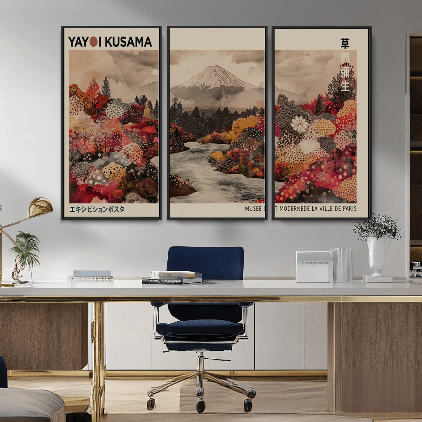 MGV-FC-48X32-3P - Modern Japanese Wall Art Print Yayoi Kusama Canvas Wall Art Abstract Mount Fuji Canvas Print