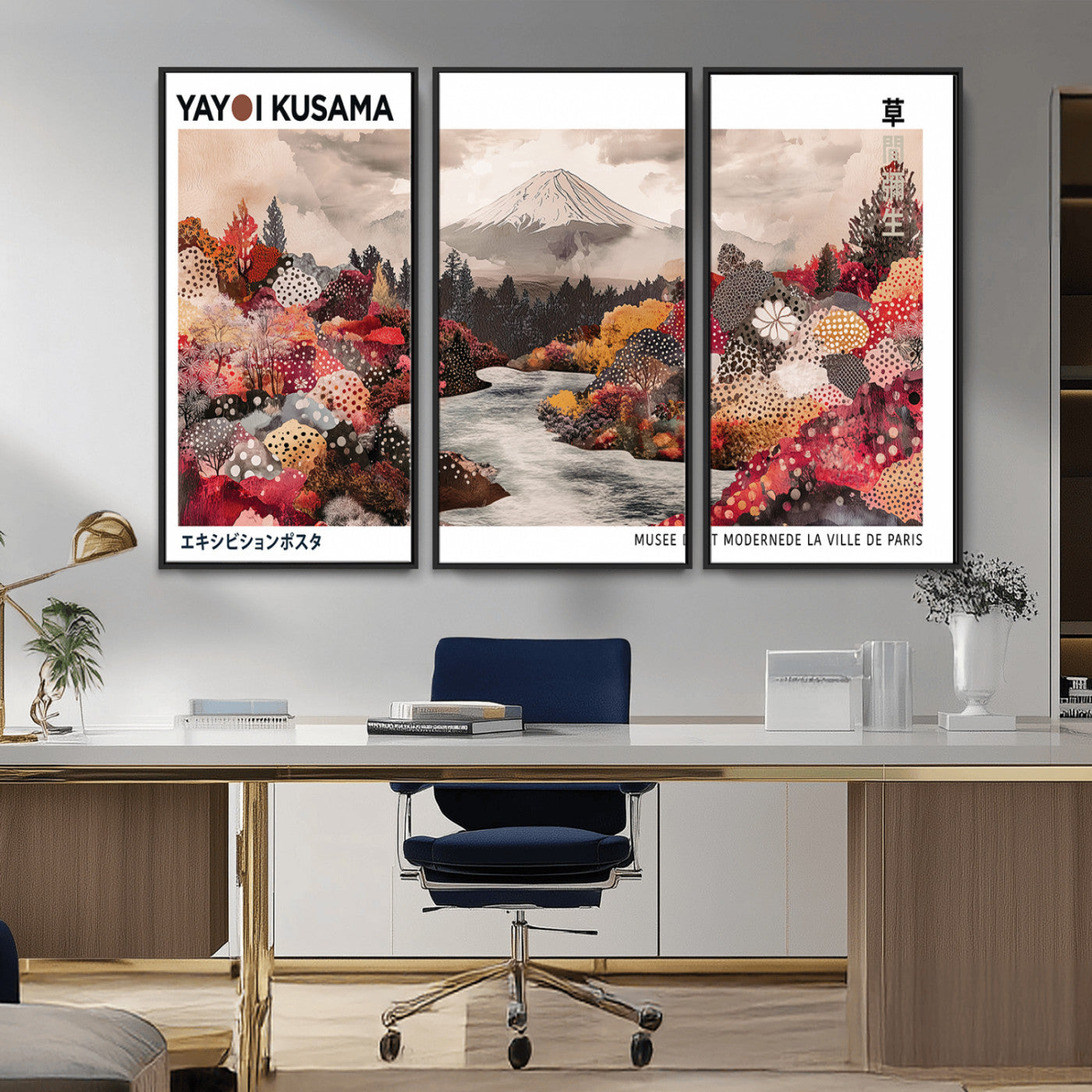 MGV-FC-48X32-3P - Modern Japanese Wall Art Print, Yayoi Kusama Canvas Wall Art, Abstract Mount Fuji Art Canvas Print,