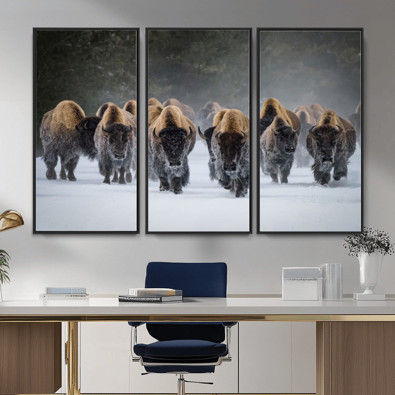 41669135-MGV-CV-36X24 - Winter Bison Herd Wall Art – Majestic Buffalo Charge Canvas Print with Snow Covered Plains, Rustic Wildlife Strength and Untamed Nature Decor for Home and Office