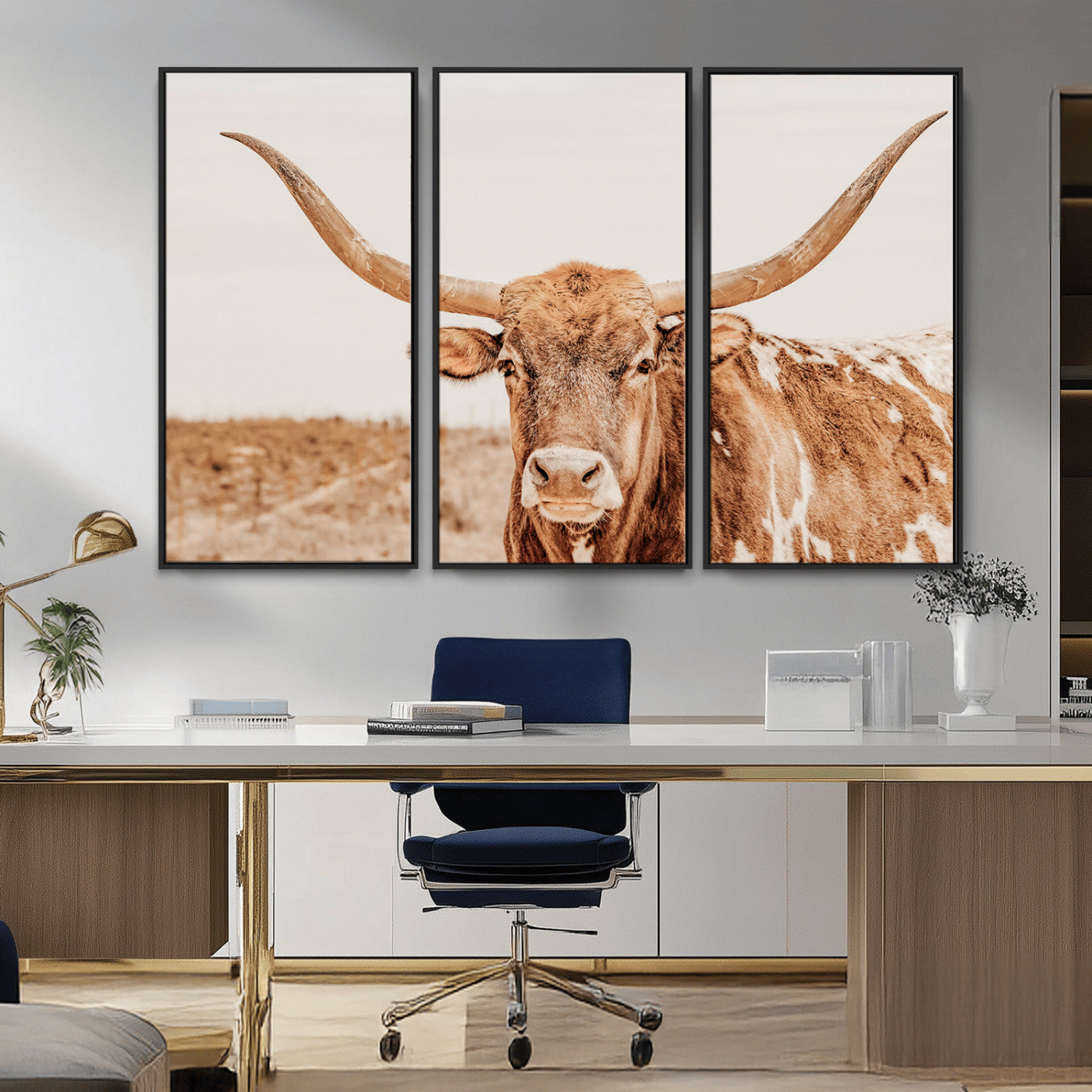MGV-FC-48X32-3P - Longhorn Bull Wall Art Canvas Print, Framed Western Cow Art Picture Print, Rustic Farmhouse Perfect Neutral Farmhouse Decor Artwork