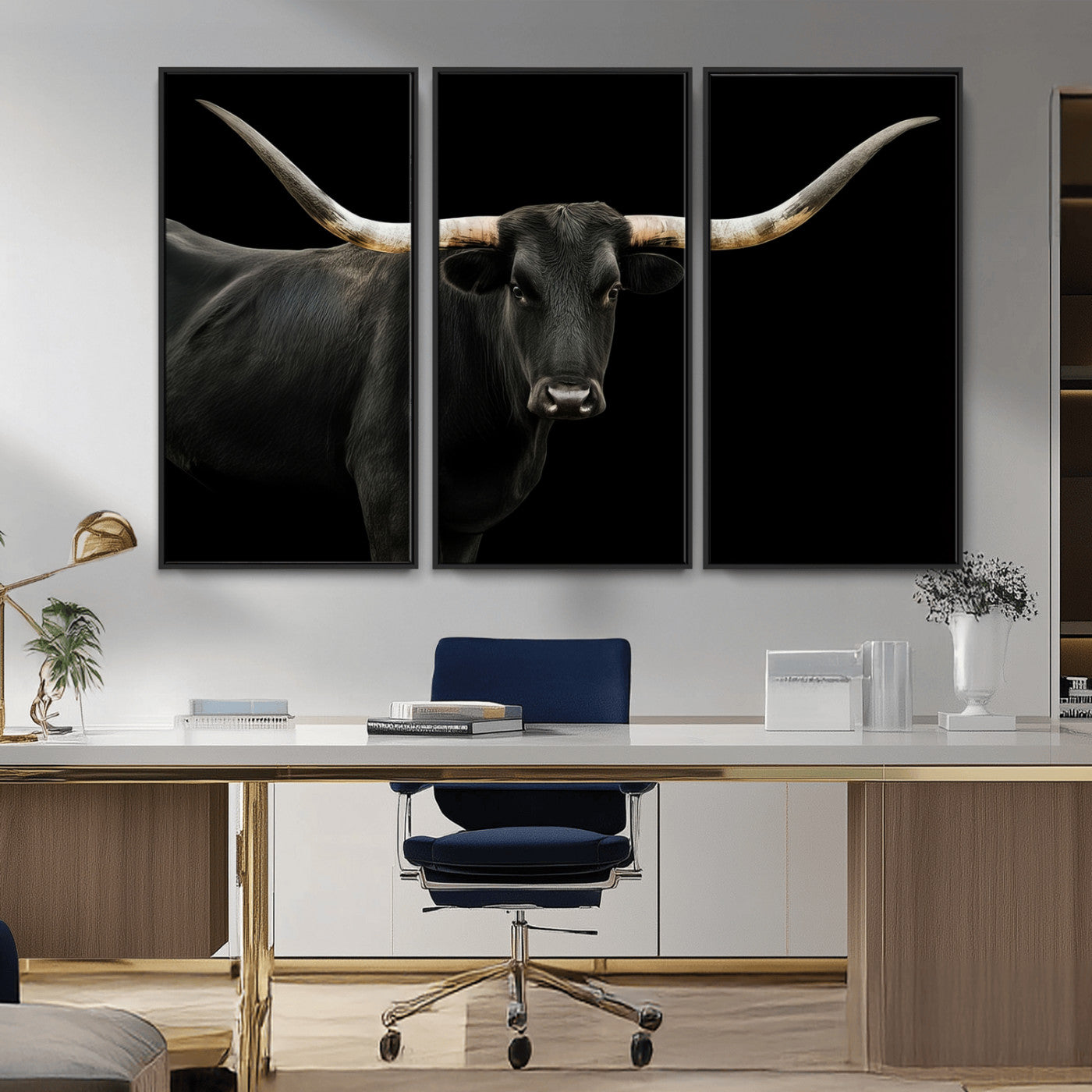 MGV-FC-48X32-3P - Texas Longhorn Wall Art Canvas Print, Framed Rustic Western Art Picture Print, Farmhouse Animal Perfect Modern Western Minimalist Decor Artwork