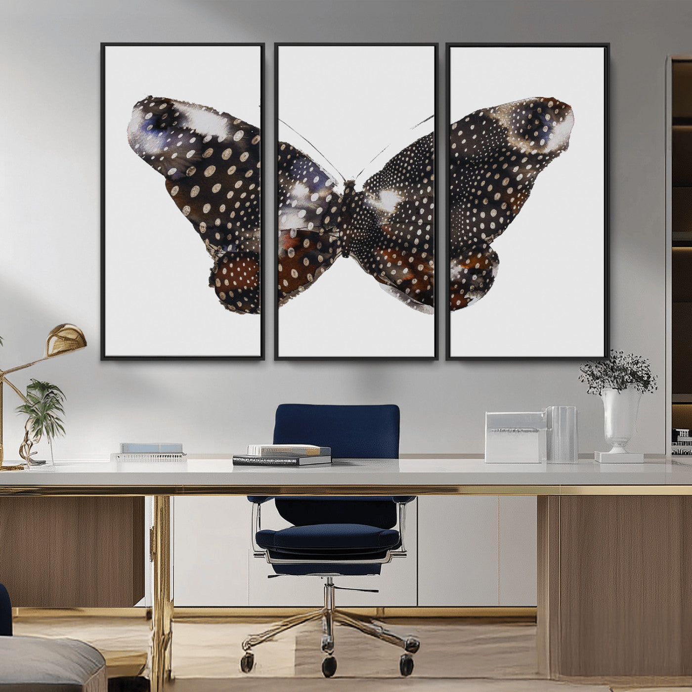 MGV-FC-48X32-3P - Spotted Butterfly Wall Art Canvas Print, Framed Neutral Insect Theme Art Picture Print, Earthy Wing Pattern Perfect Modern Rustic Decor Artwork
