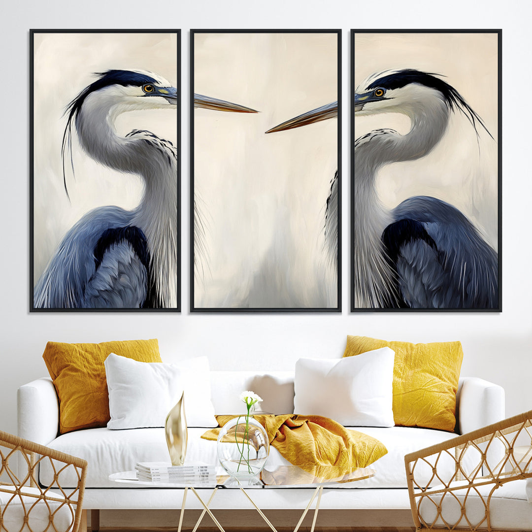 Blue Heron Pair Wall Art Canvas Print, Coastal Bird Theme Print, Framed Tranquil Wildlife Scene Art Print, Large Nature Inspired Decor Printing