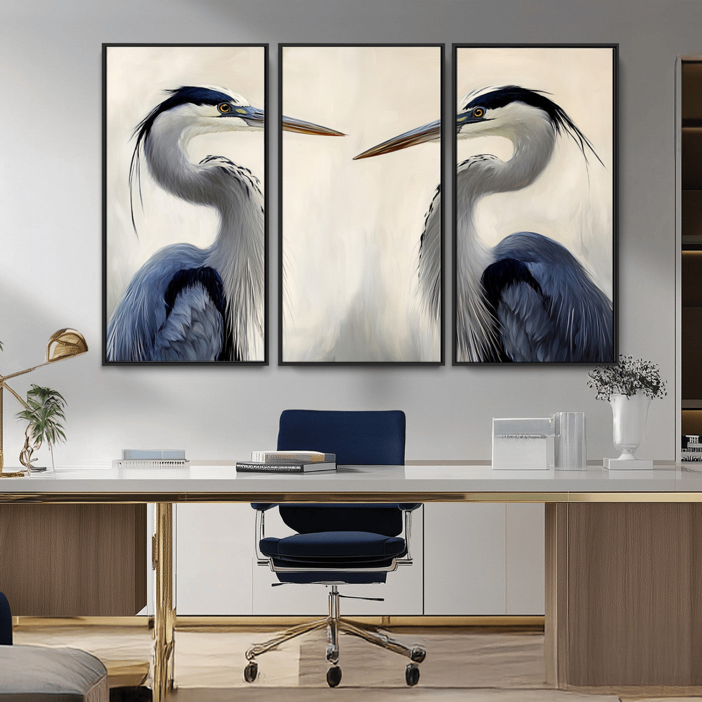 MGV-FC-48X32-3P - Blue Heron Pair Wall Art Canvas Print, Framed Coastal Bird Theme Art Picture Print, Tranquil Wildlife Scene Perfect Coastal Minimalist Decor Artwork