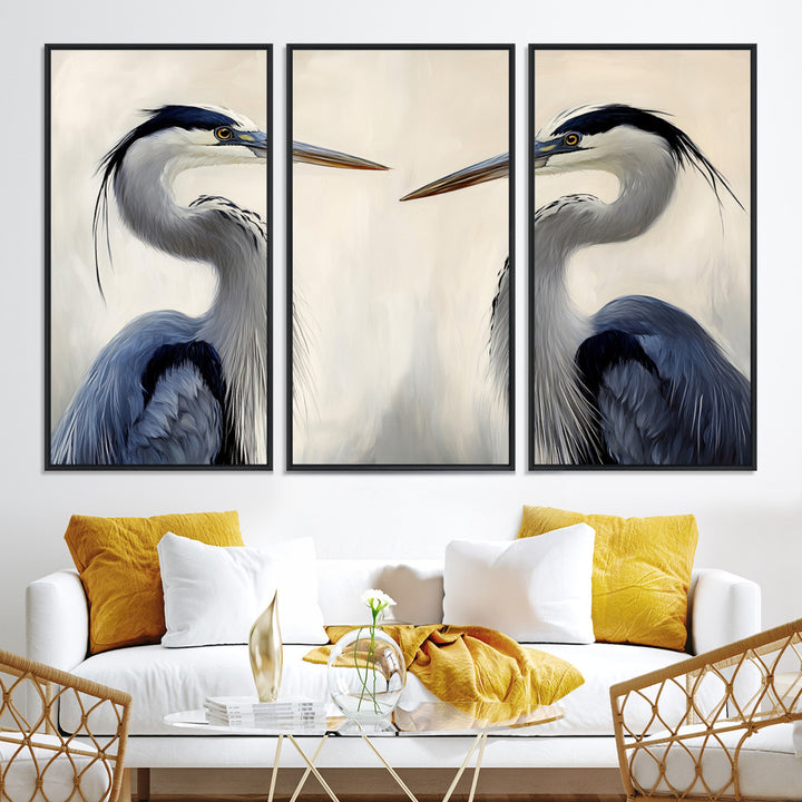 Blue Heron Pair Wall Art Canvas Print, Coastal Bird Theme Print, Framed Tranquil Wildlife Scene Art Print, Large Nature Inspired Decor Printing