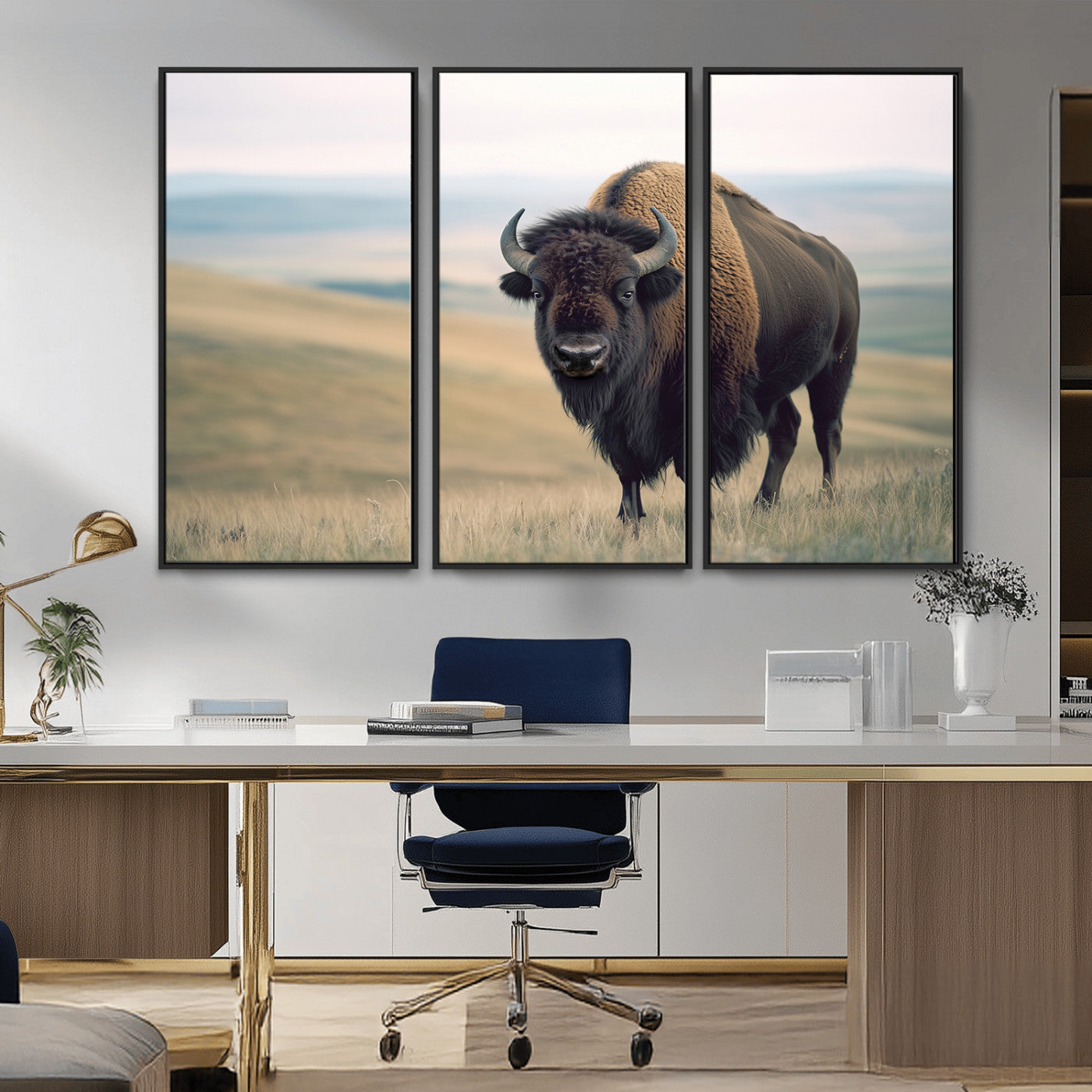MGV-FC-48X32-3P - Bison Wall Art Wall Art Canvas Print, Framed Buffalo Canvas Print Art Picture Print, American Bison Decor Perfect Rustic Western Decor Artwork