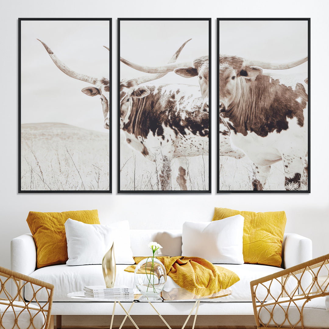 Longhorn Wall Art Wall Art Canvas Print, Western Cow Canvas Print, Framed Rustic Farm Decor Art Print, Large Neutral Animal Scene Printing