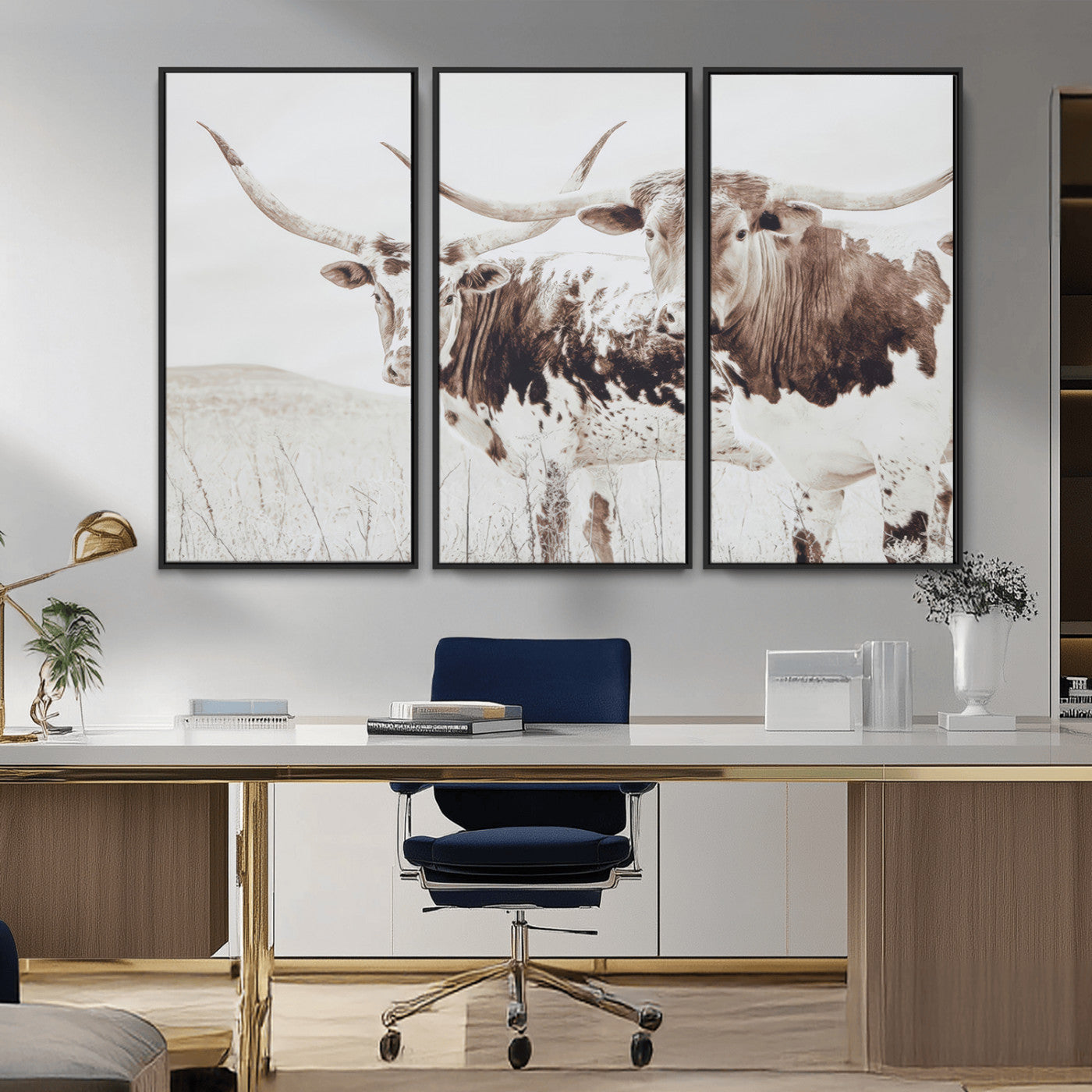MGV-FC-48X32-3P - Longhorn Wall Art Wall Art Canvas Print, Framed Western Cow Canvas Art Picture Print, Rustic Farm Decor Perfect Rustic Farmhouse Decor Artwork