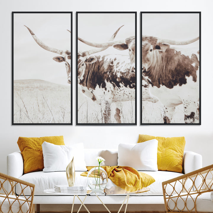 Longhorn Wall Art Wall Art Canvas Print, Western Cow Canvas Print, Framed Rustic Farm Decor Art Print, Large Neutral Animal Scene Printing