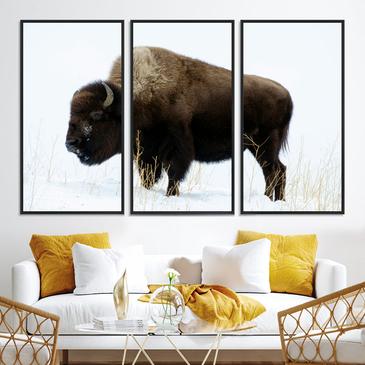 Bison Photography Wall Art Canvas Print, Framed Western Wildlife Art Picture Print, Buffalo On Snow Perfect Western Decor Artwork