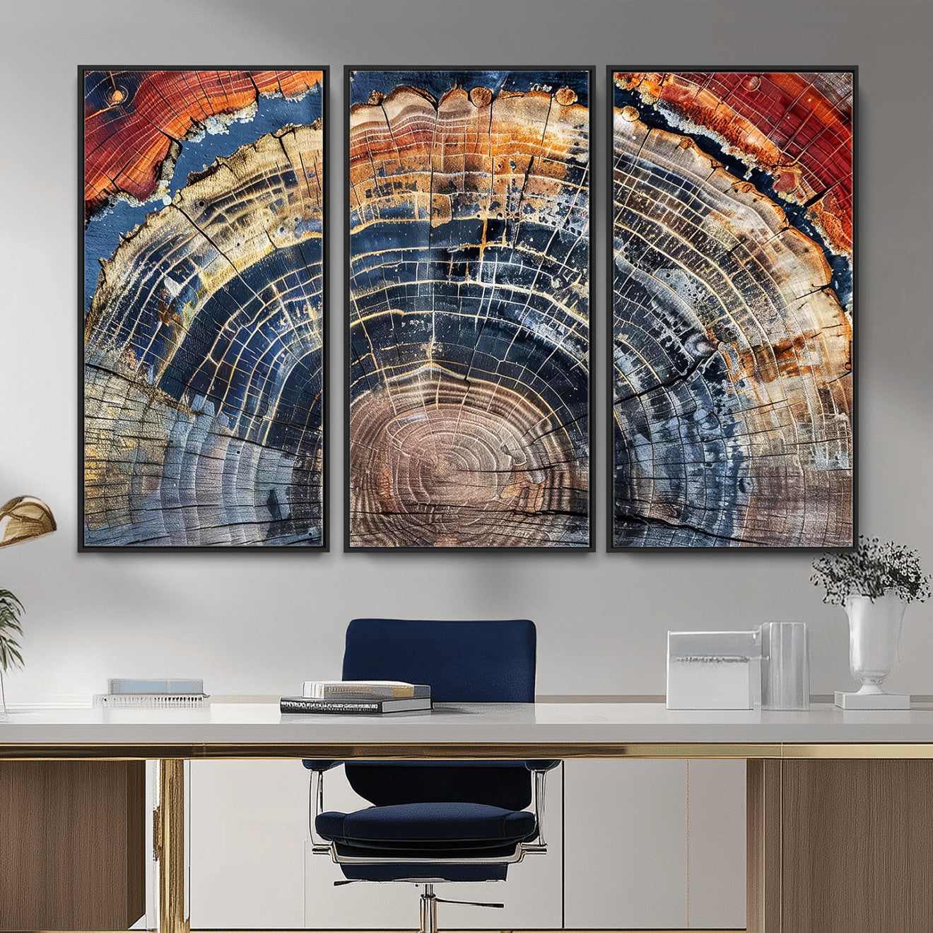 60292921-MGV-FC-48X32-3P - Vintage Tree Rings Wall Art Canvas Print – Framed Wood Art Picture Petrified Wood Artwork for Home, Office, Living Room