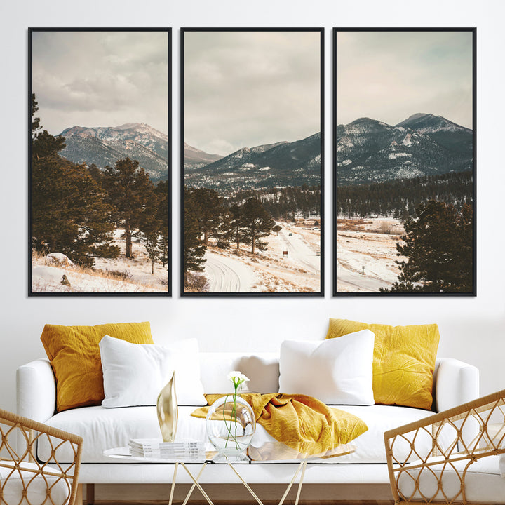 Mountain Landscape Wall Art Canvas Print, Framed Snowy Peaks Art Picture Print, Alpine Aesthetic Perfect Rustic Winter Decor Artwork