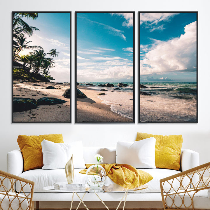 Tropical Beach Wall Art Canvas Print, Framed Ocean Waves Art Picture Print, Relaxing Seascape Perfect Tropical Coastal Decor Artwork