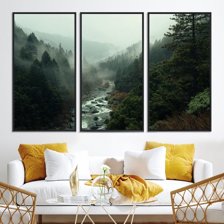 Misty Forest Wall Art Canvas Print, Framed Foggy River Art Picture Print, Moody Landscape Perfect Wilderness Decor Artwork