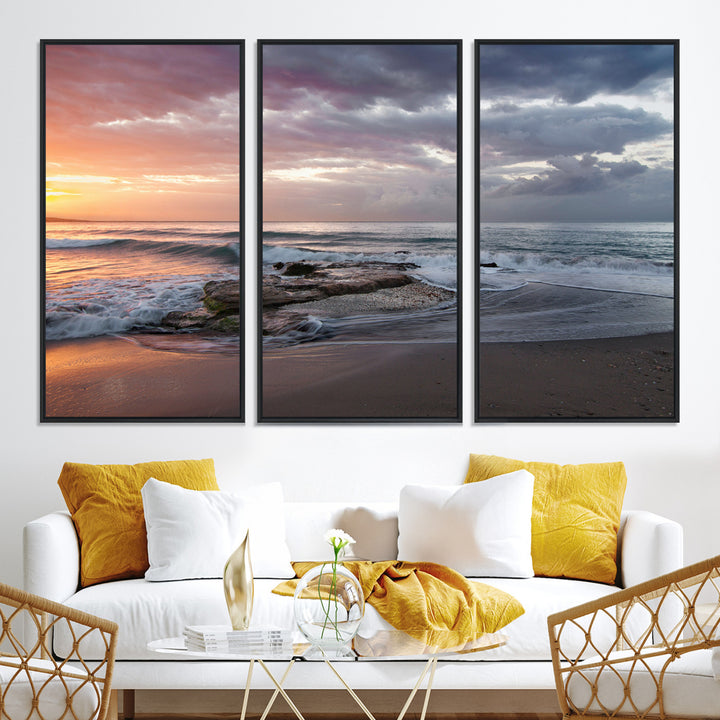 Golden Hour Wall Art Canvas Print, Framed Tranquil Waves Art Picture Print, Beach Perfect Coastal Serenity Decor Artwork