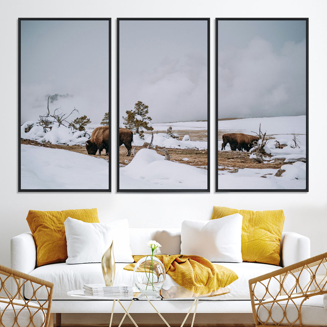 Bison Wildlife Wall Art Canvas Print, Framed Snowy Prairie Art Picture Print, Western Perfect Rustic Decor Artwork