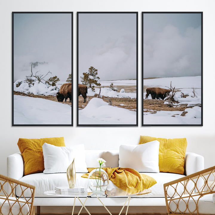 Bison Wildlife Wall Art Canvas Print, Framed Snowy Prairie Art Picture Print, Western Perfect Rustic Decor Artwork
