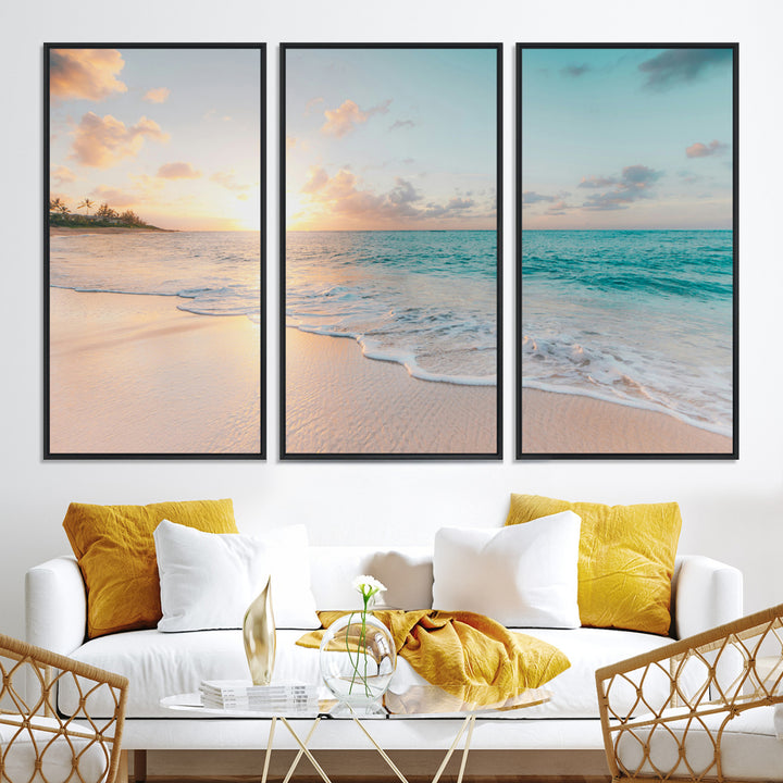 Beach Sunset Wall Art Canvas Print, Framed Ocean Waves Art Picture Print, Summer Escape Perfect Coastal Decor Artwork