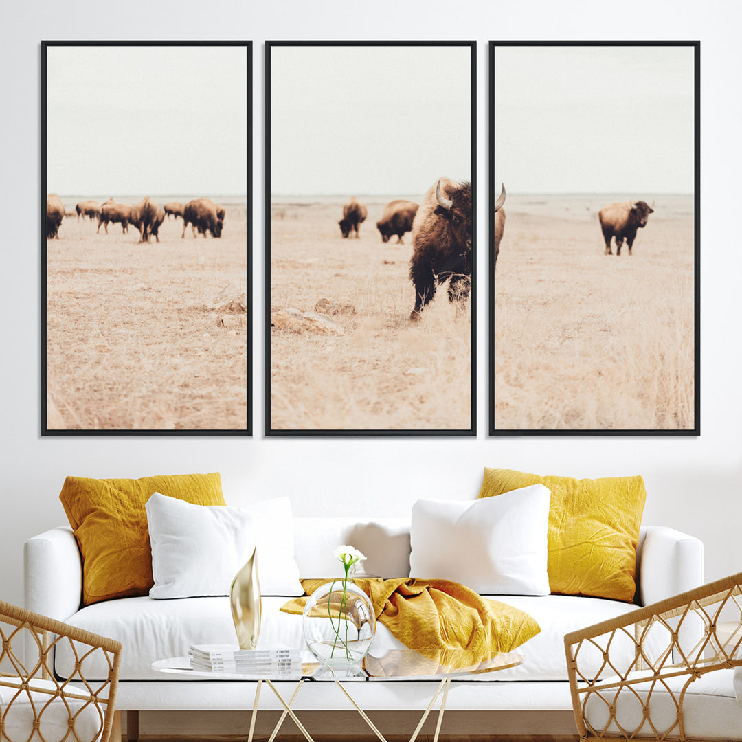 Bison Herd Wall Art Canvas Print, Framed Western Art Picture Print, Prairie Serenity Perfect Ranch Decor Artwork