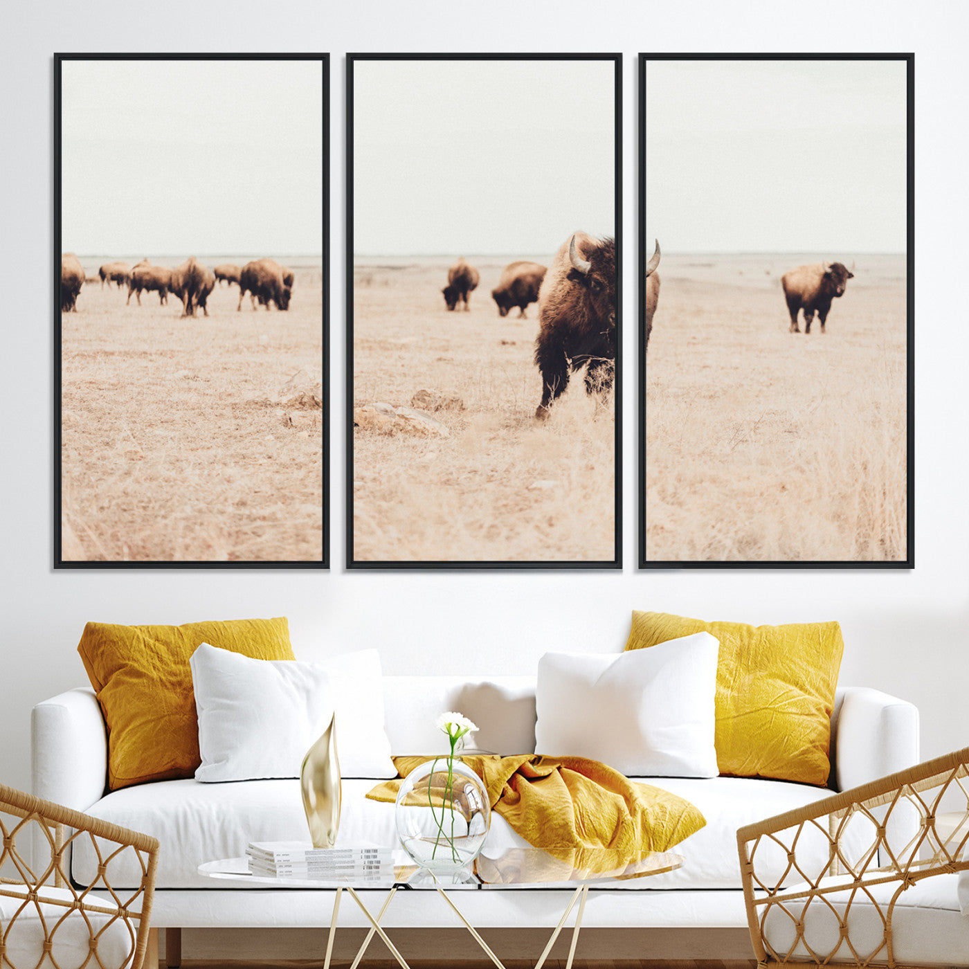 61367865-MGV-CV-36X24-Bison Herd Wall Art Canvas Print, Framed Western Art Picture Print, Prairie Serenity Perfect Ranch Decor Artwork