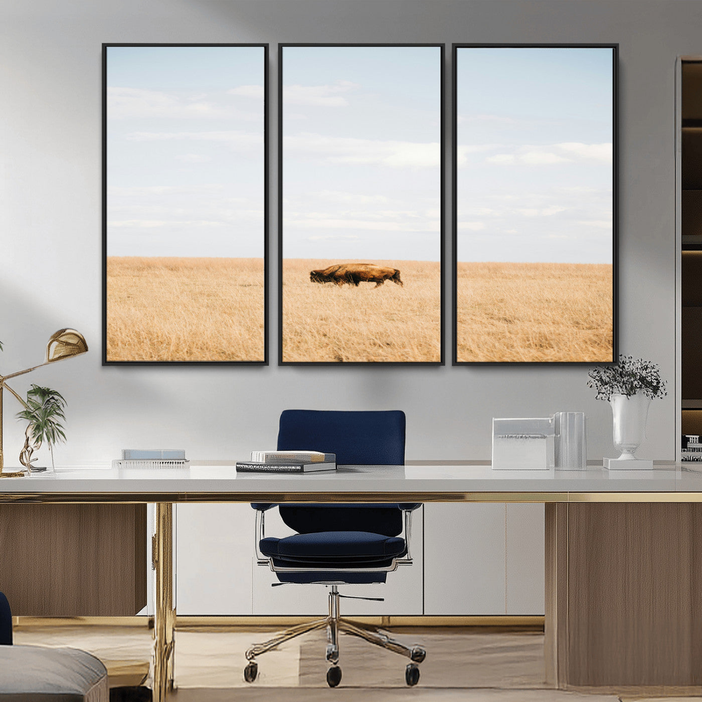 MGV-FC-48X32-3P - Minimalist Nature Wall Art Canvas Print, Framed Bison In Grassland Art Picture Print, Open Field Perfect Modern Ranch Decor Decor Artwork