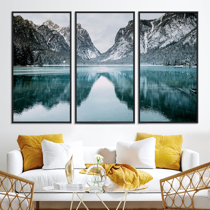 Mountain Lake Wall Art Canvas Print, Framed Wonderland Art Picture Print, Snowy Peaks Perfect Nature Decor Artwork