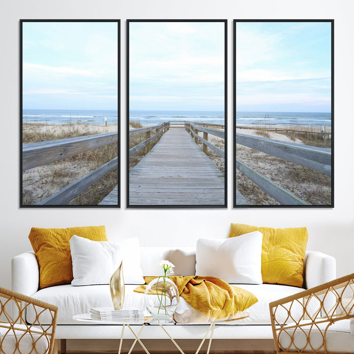 Beach Boardwalk Wall Art Canvas Print, Framed Coastal Serenity Art Picture Print, Ocean View Perfect Coastal Decor Artwork