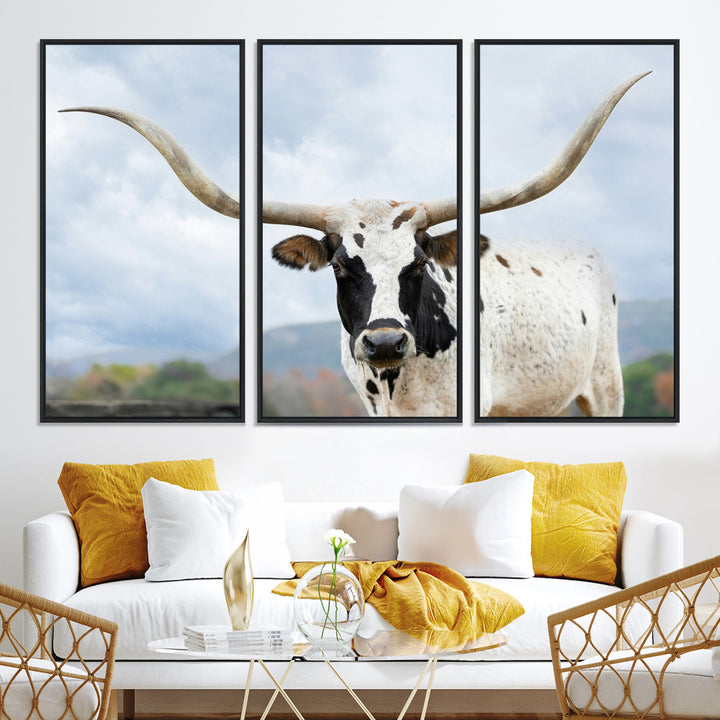 Texas Longhorn Wall Art Canvas Print, Framed Western Rustic Art Picture Print, Farmhouse Decor Perfect Farmhouse Decor Artwork