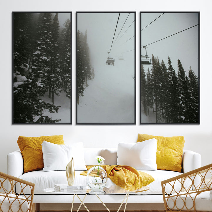 Ski Lift Wall Art Canvas Print, Framed Snowy Pines Art Picture Print, Misty Landscape Perfect Winter Serenity Decor Artwork