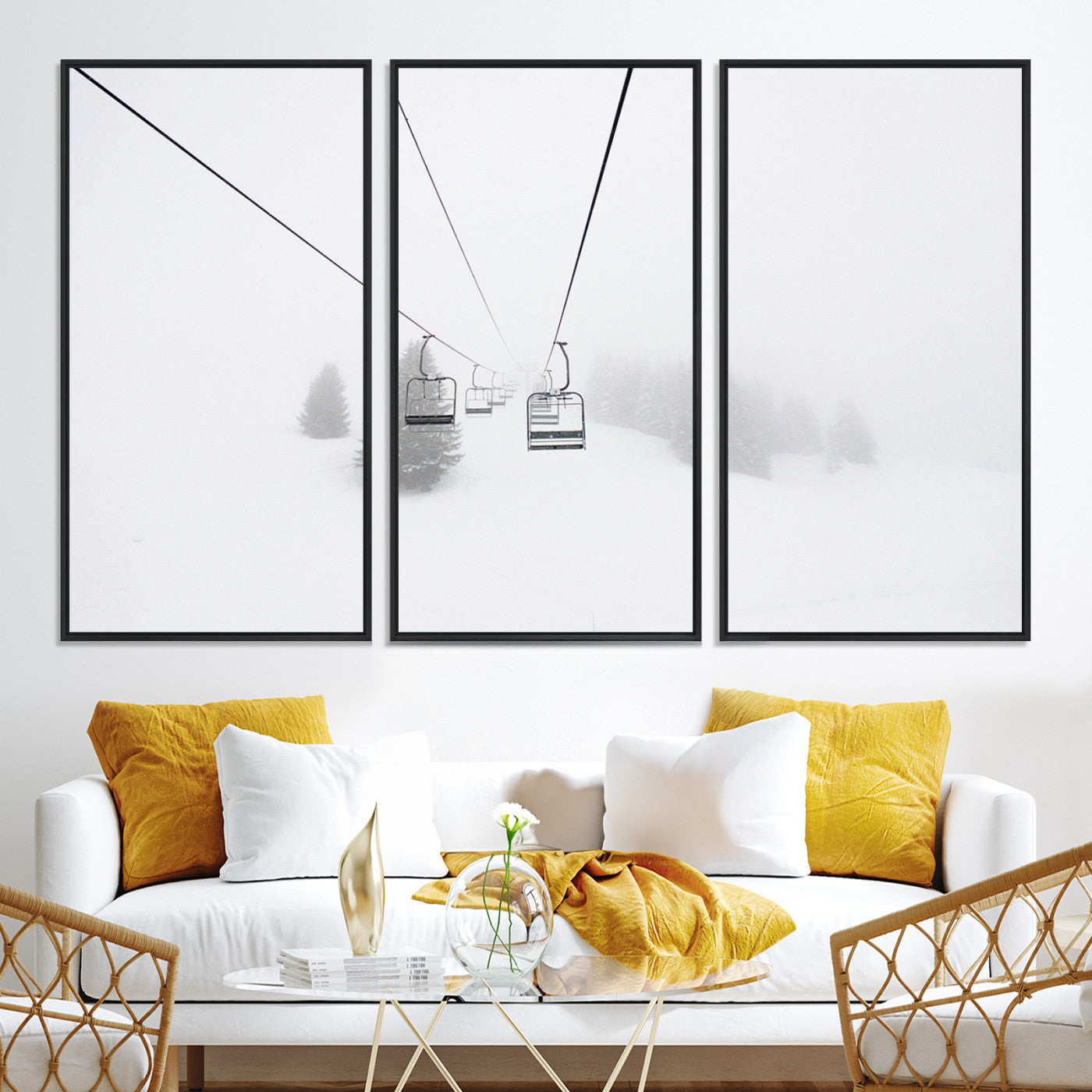 20216390-MGV-CV-36X24-Ski Lift Print Wall Art Canvas, Framed Snowy Landscape Art Picture Print, Alpine Adventure Perfect Nordic Minimalist Decor Artwork
