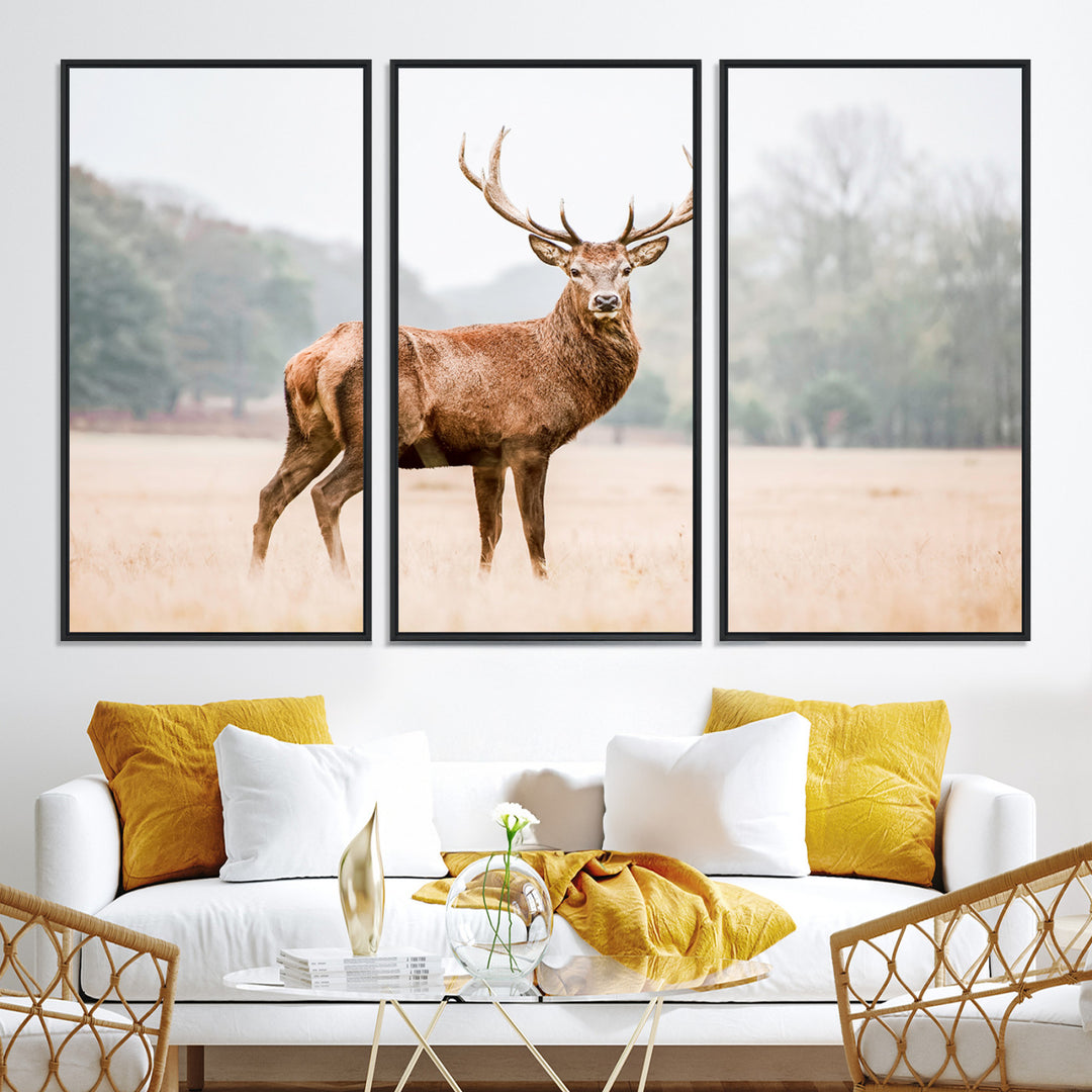 Vintage Wildlife Canvas Print, Framed Misty Landscape Art Picture Print, Deer Wall Art Perfect Rustic Wildlife Decor Artwork